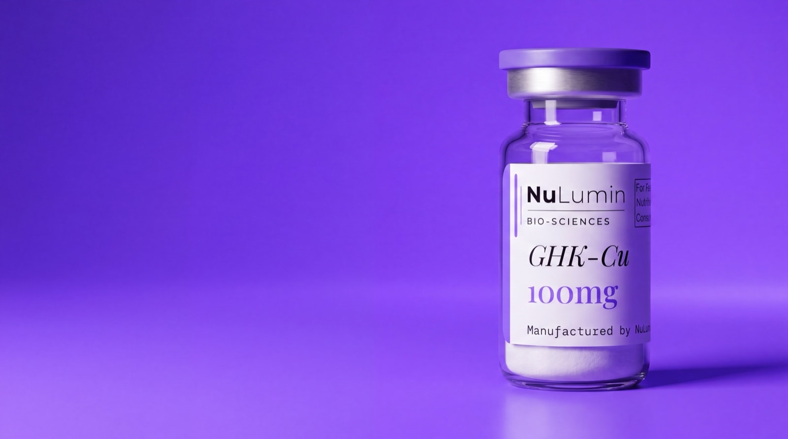 A NuLumin GHK-Cu 100mg vial adrift in a deep violet gradient, its label facing forward