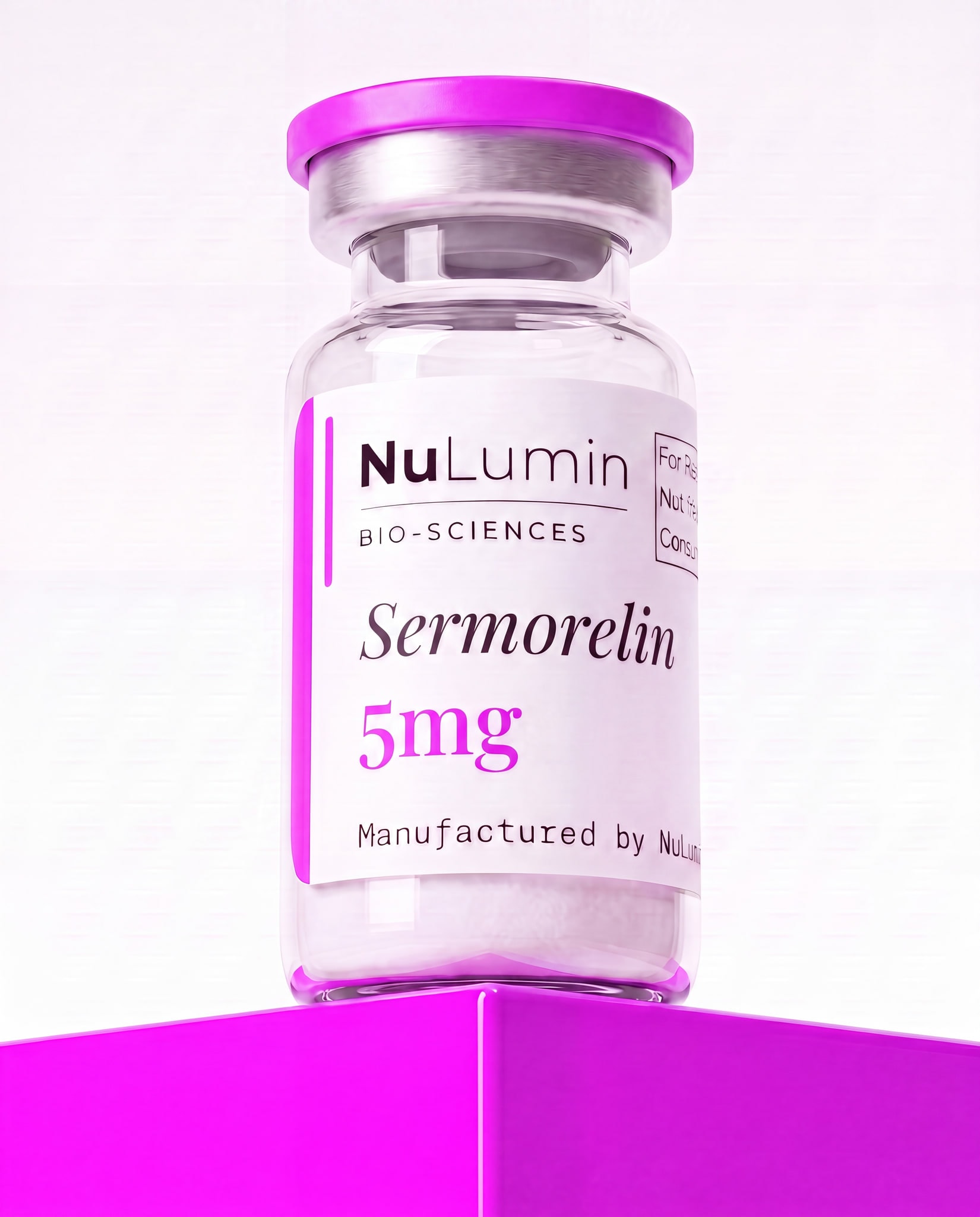 Sermorelin 5mg lyophilized research vial, NuLumin Bio-Sciences research material